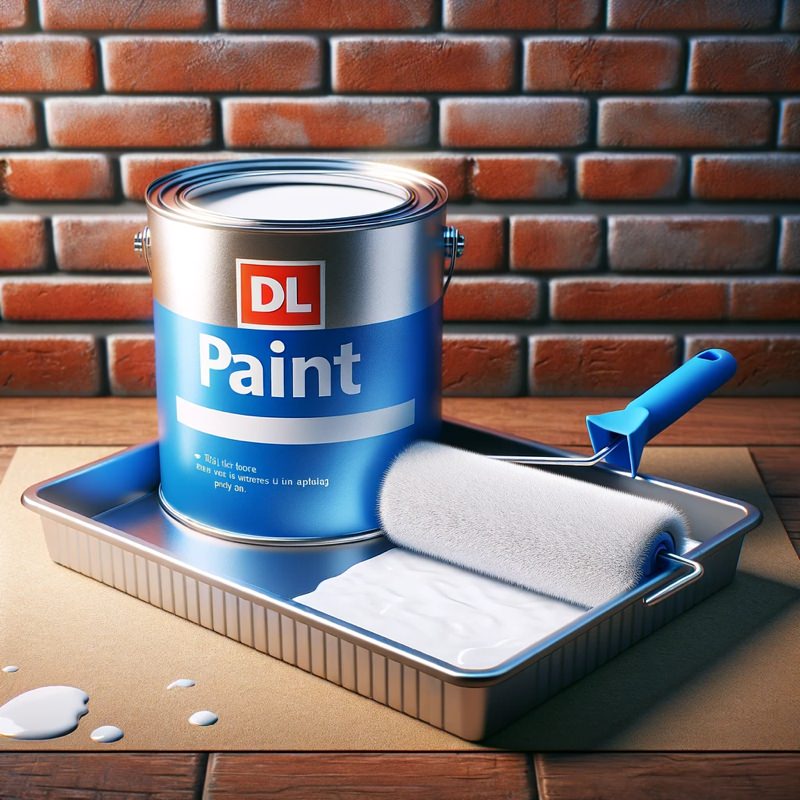 Bucket of white paint by brick wall